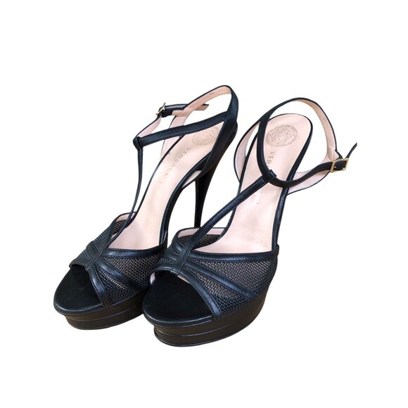 Versace Black Leather T-Strap Platform Sandals Size 40/9.5 US Nwot & No Box - Picture 2 of 10